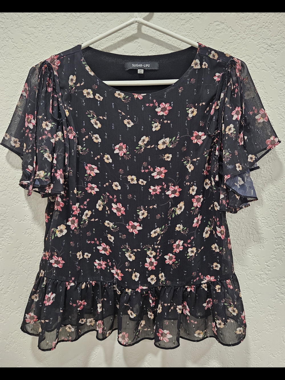 Sugarlips Black Floral Ruffle Sleeve And Bottom Blouse
